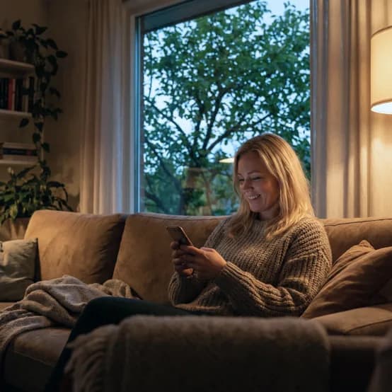 Kvinna sitter i soffan och jämför värmepumpar och offerter i mobilen